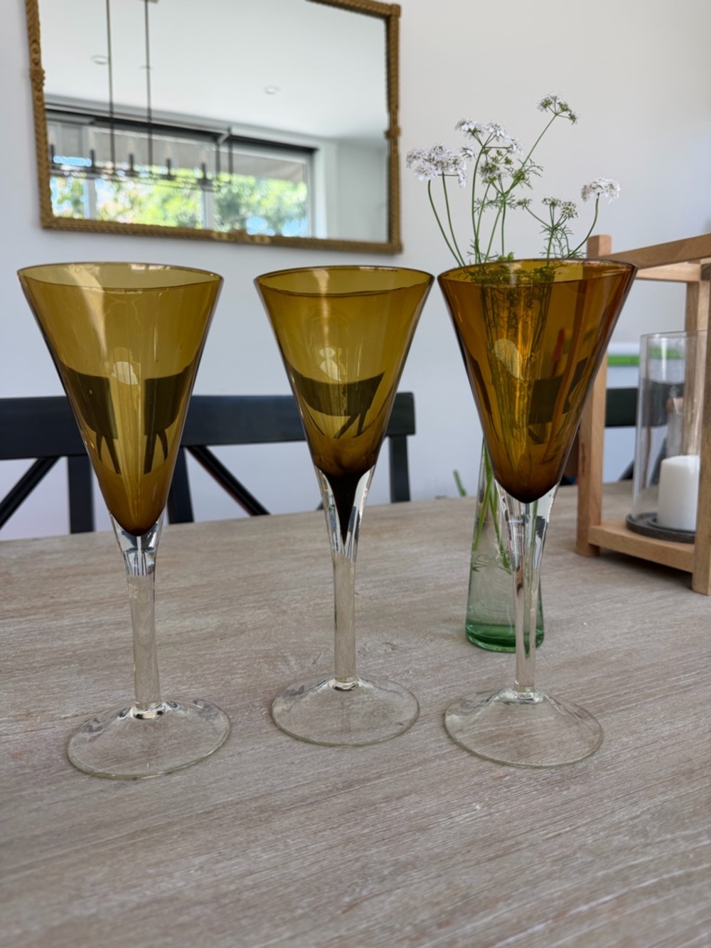 🌱Vintage Amber Fluted Champagne Glasses-Set of 3! Classic Amber with Clear Stems